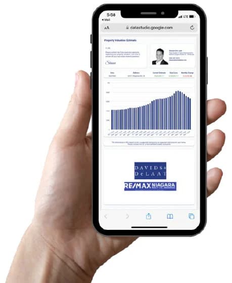 Hand holding a phone displaying the Davids & DeLaat monthly property valuation report
